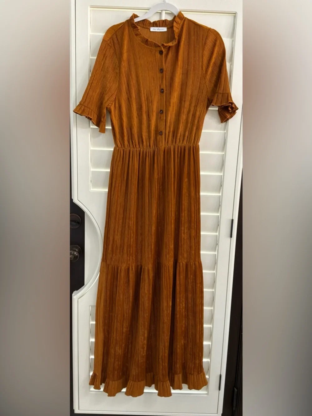 Ces Femme Rust Corduroy Midi Dress Ruffle Boho Prairie Kentucky Derby Style - Picture 2 of 5